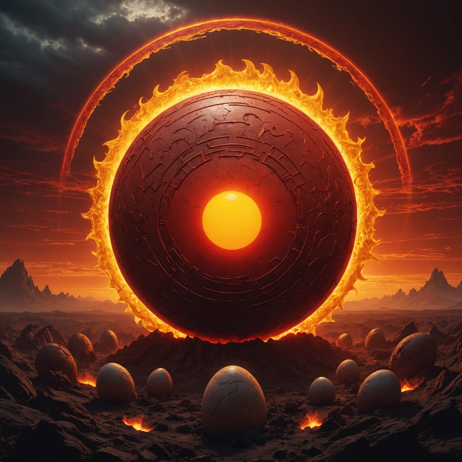 Fiery Red Sun with Egg Border: Digital Matte Painting