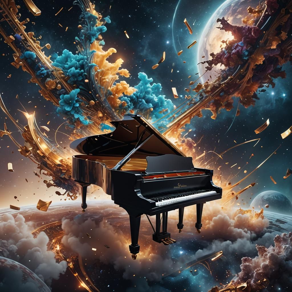 Piano in Space: Motion Blur Digital Art