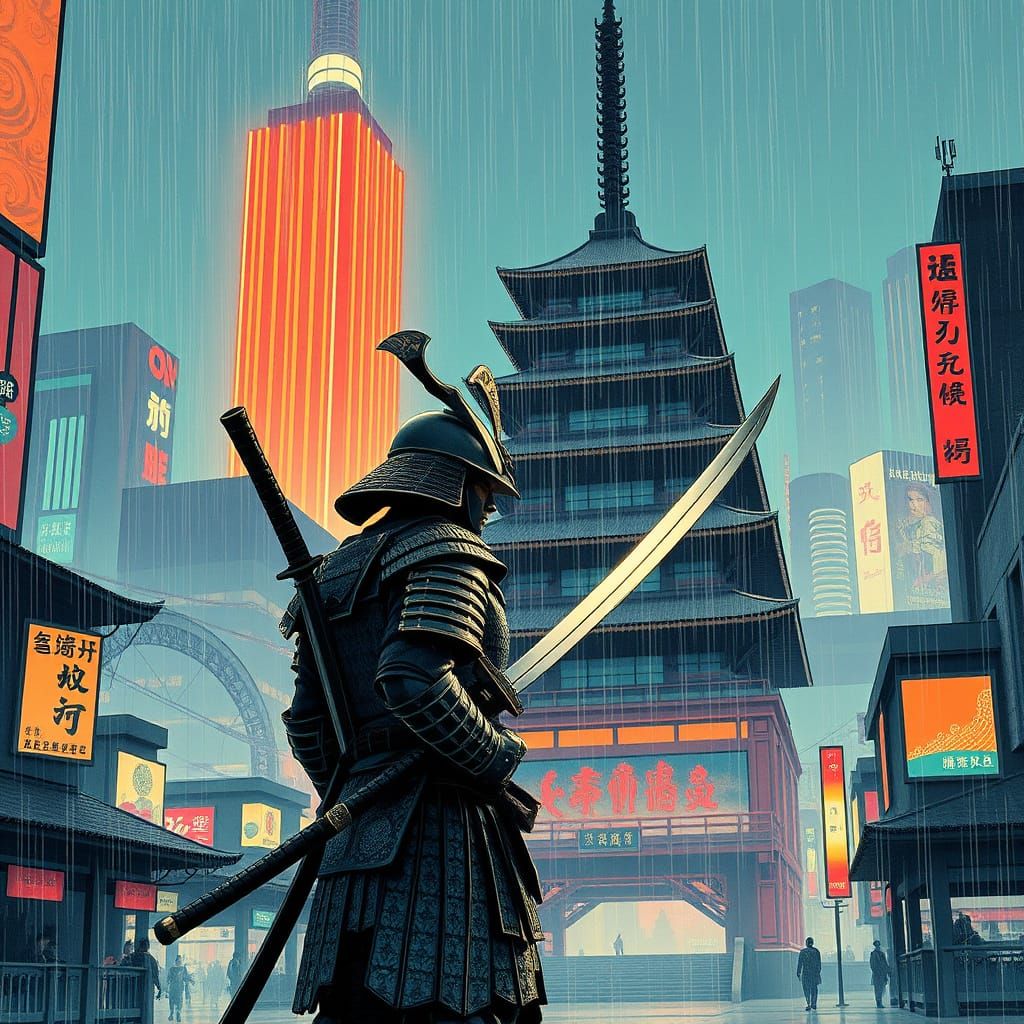 Cyberpunk Samurai Guarding Pagoda in Futuristic City
