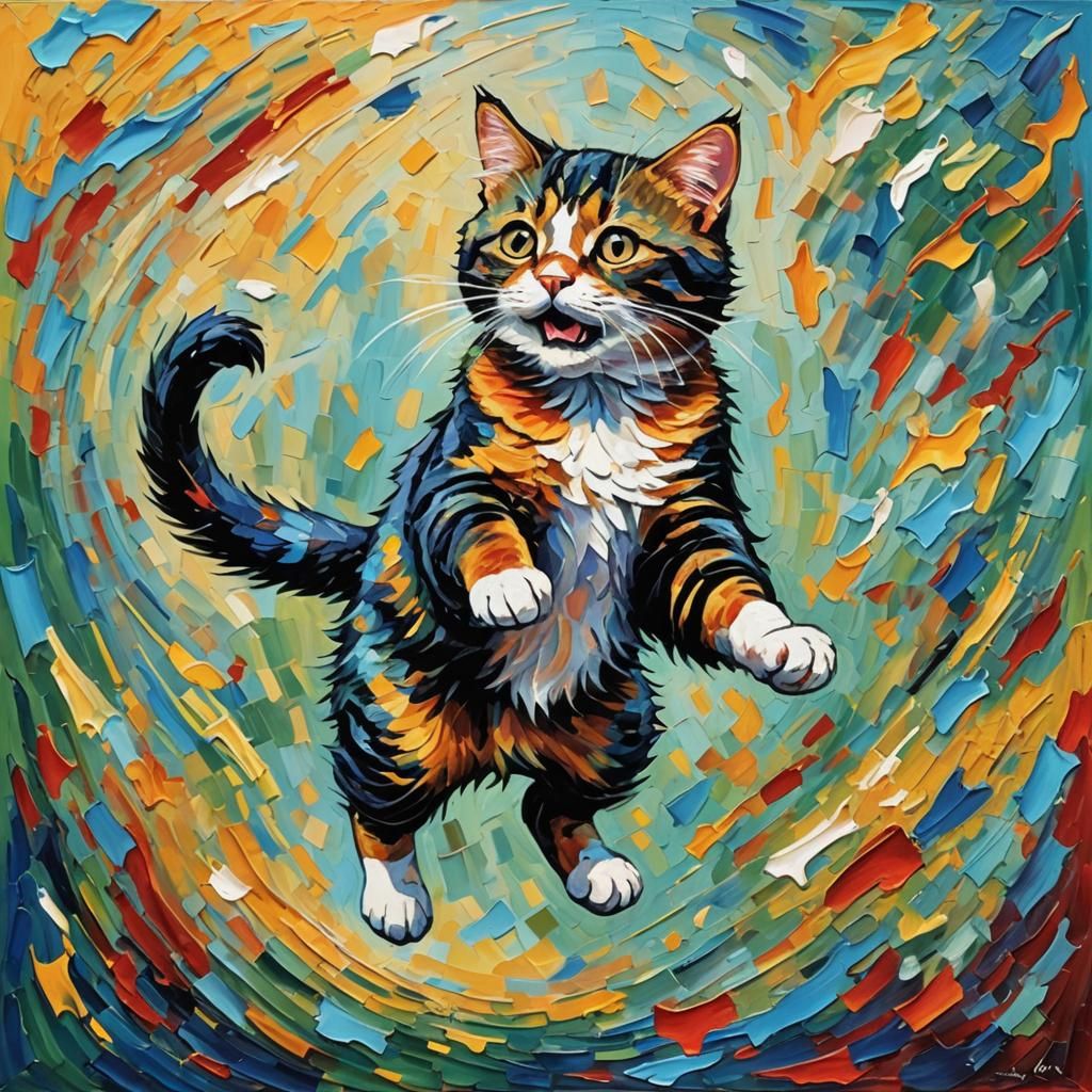 Cat Leaps from Colorful Neo-Impressionist Oil Painting
