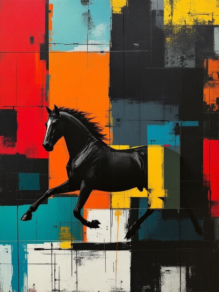 Horse Leaping Through Fiery Geometric Panels