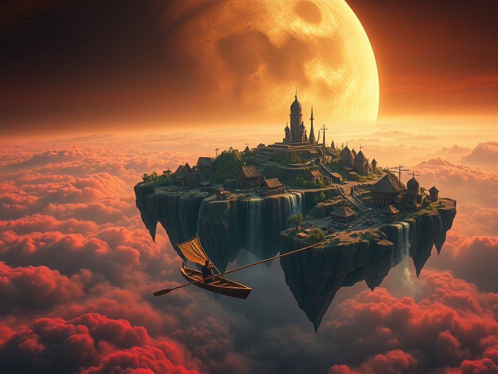 Fantasy Floating Islands Town with Flying Boats