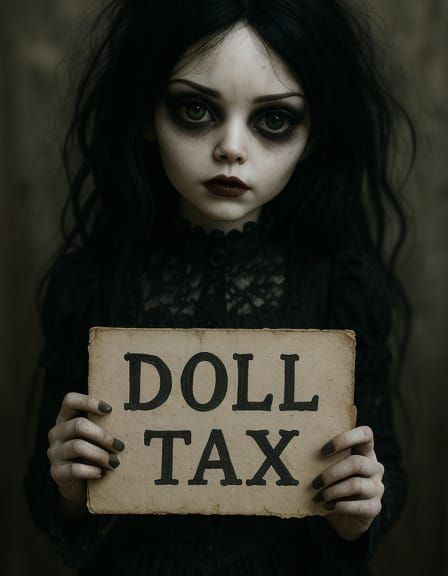 Gothic Doll Holds Sign in Photorealistic Portrait