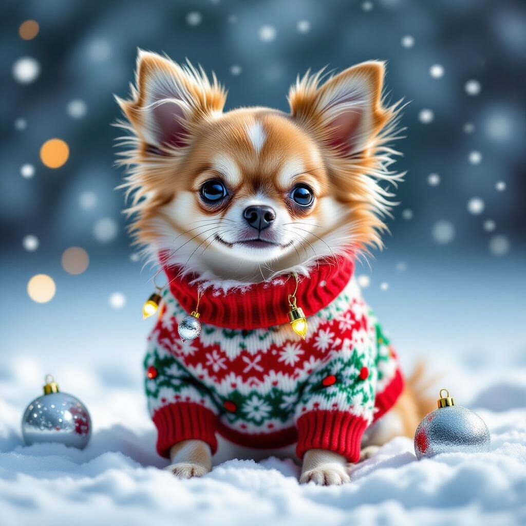 Cute Chihuahua in Ugly Christmas Sweater in Snow