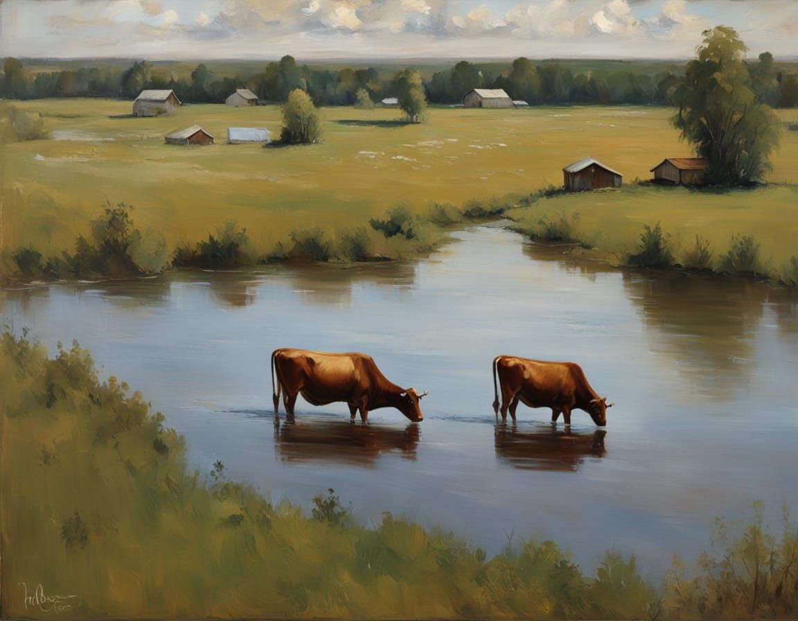 Rural Meadow with Cows in Levitan Style