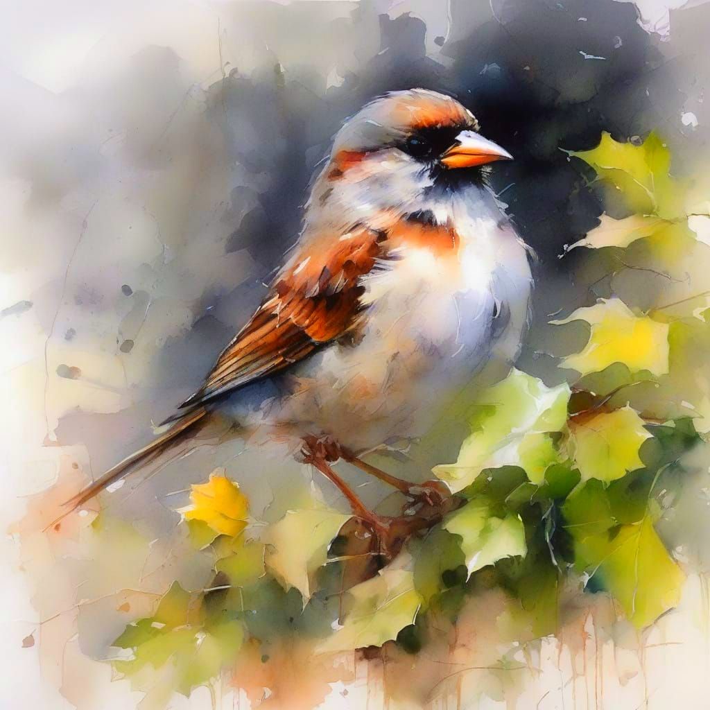 Tiny Sparrow in Ivy Garden Wall at Dawn