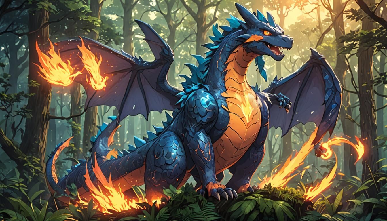 Mega Charizard in Misty Forest, Digital Art