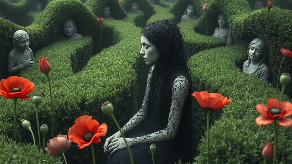 Surreal Woman of Strings in Gothic Maze