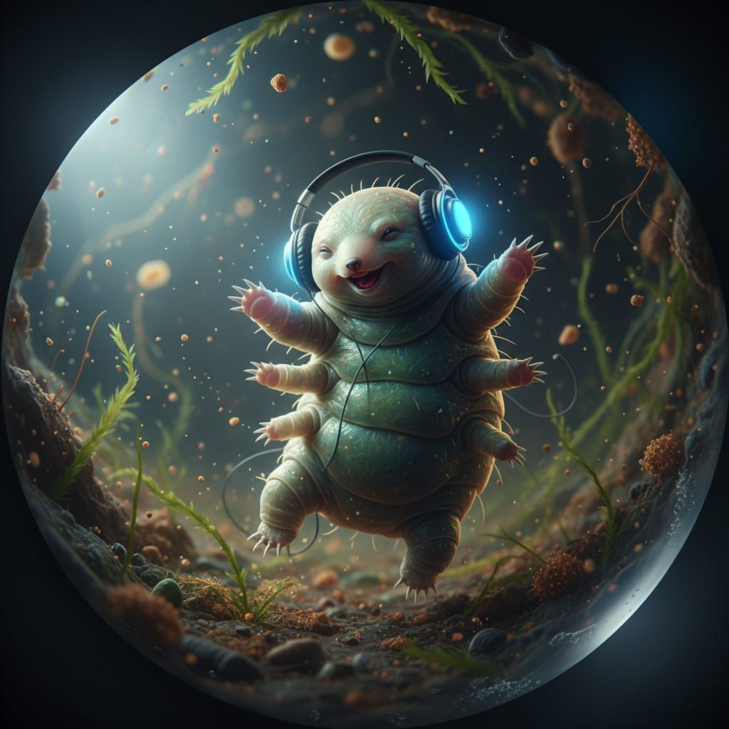 Dancing Tardigrade with Headphones in Microscope View