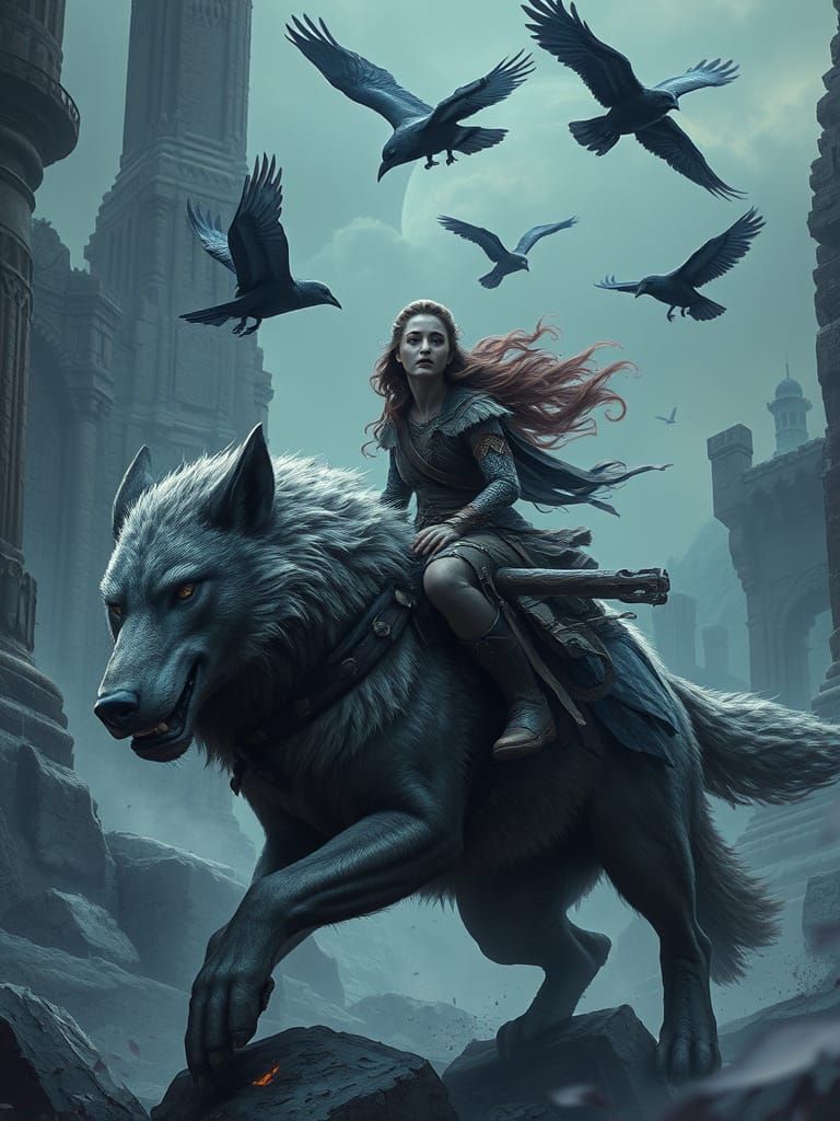 Wild Princess Tames Majestic Wolf in Ancient Ruins Fantasy A...