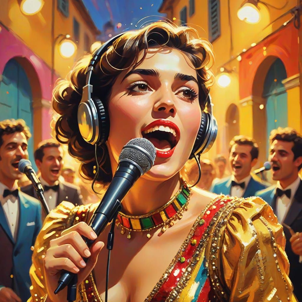 Energetic Italian Pop Art Singer on Stage