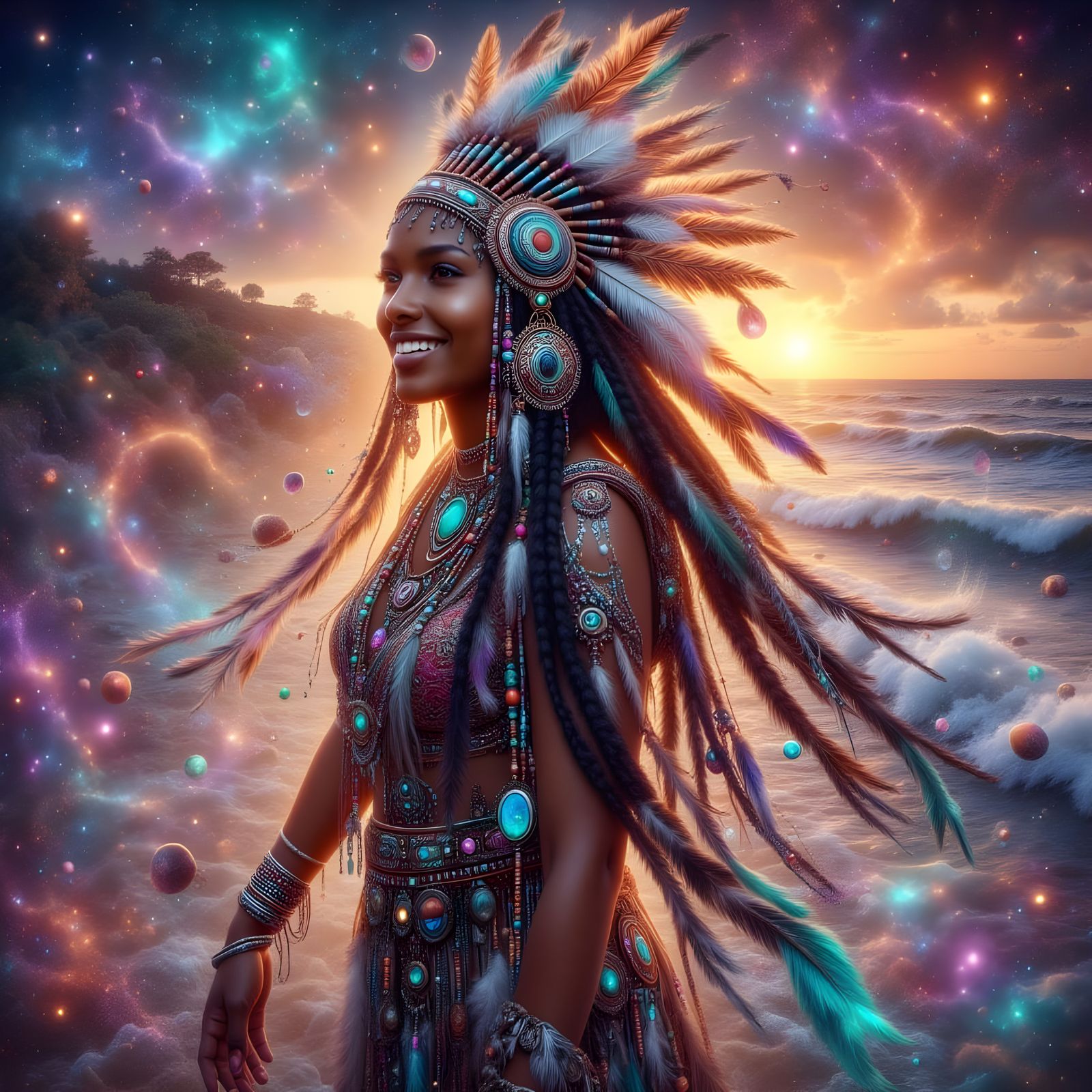 Beautiful Indian Woman in Native Dress on Beach at Sunset