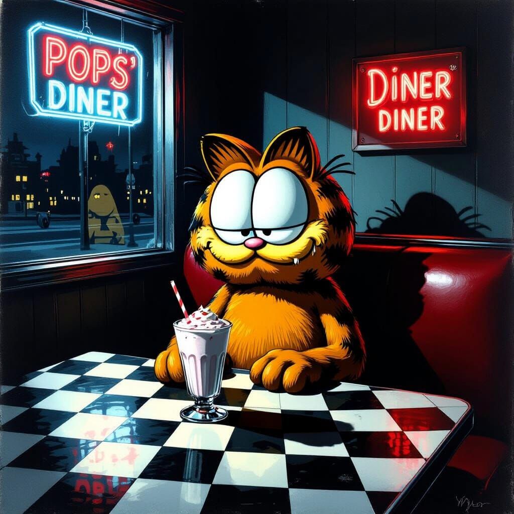 Creepy Garfield in Diner Booth on Groundhog Day