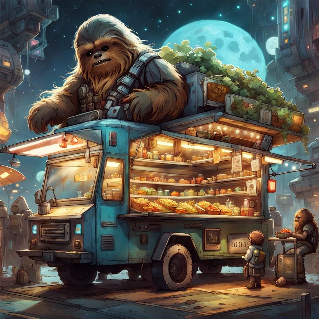 Wookiee Buys Taco from Cyberpunk Food Truck