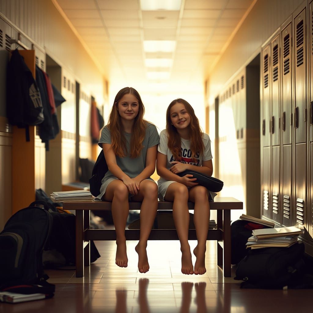 Teenage Girls in Warm Sunlit Hallway