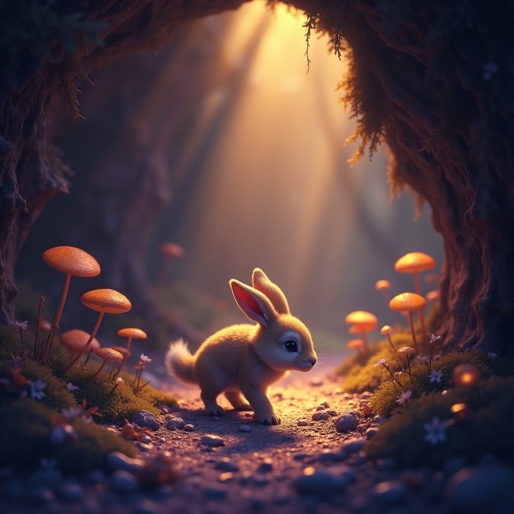 Whimsical Bunny Wolf Hybrid in Mystical Cave Scene