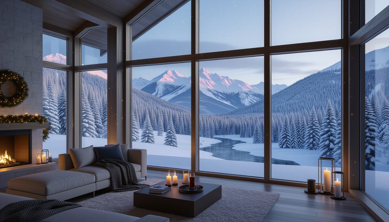 Cozy Mountain House Winter Evening View with Reindeer