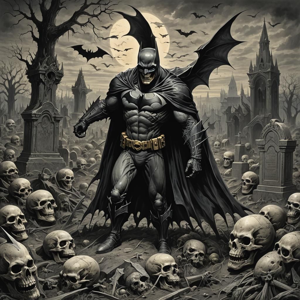 Horror Graveyard Demon with Batman Skull in Doré Style