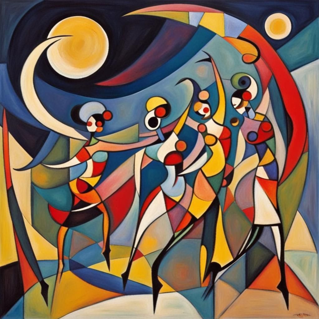 Dancers Silhouetted on Moon in Kandinsky Style