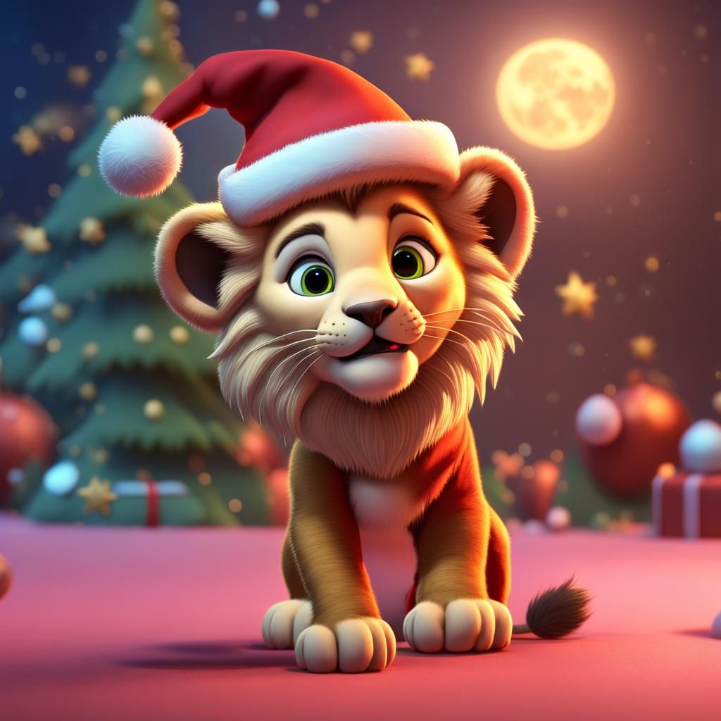 Lion Cub Santa Under the Moon as 3D Art