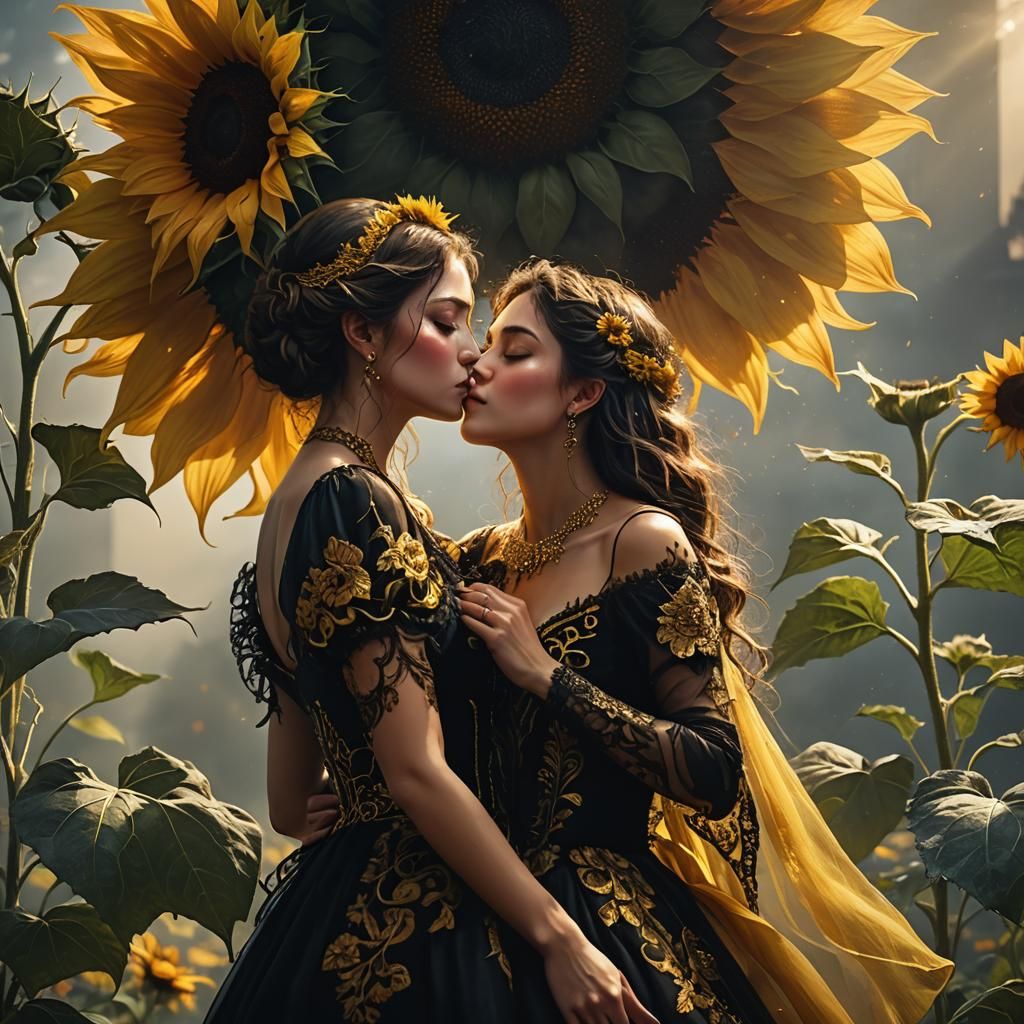 Woman Kissing Sunflower in Fantasy Digital Art