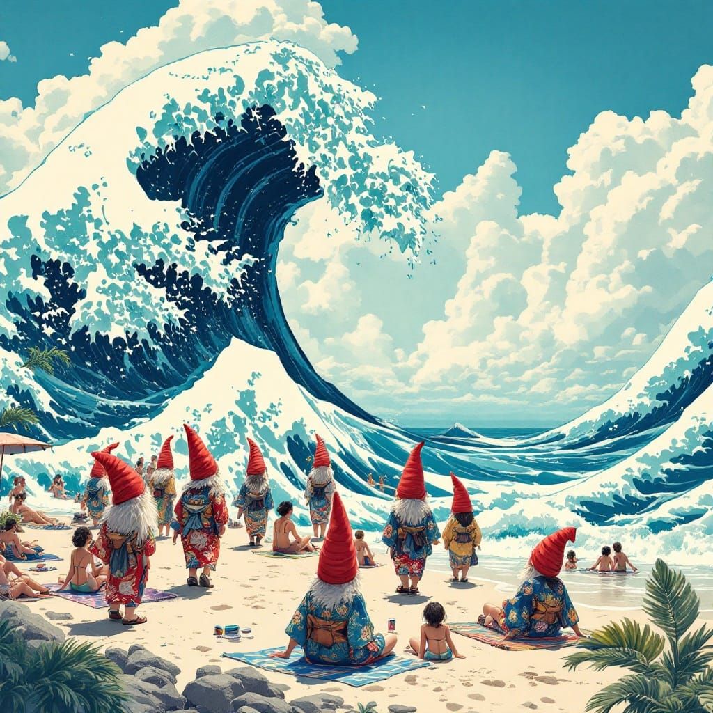 Gnomes Ride Great Wave in Vibrant Japanese Kimonos