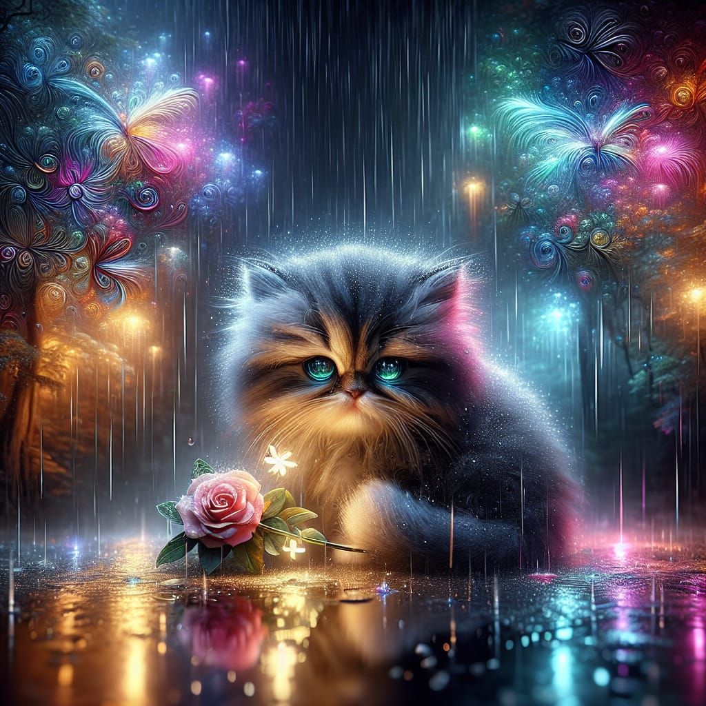Grumpy Kitten in Rainy Forest: Fantasy Realism