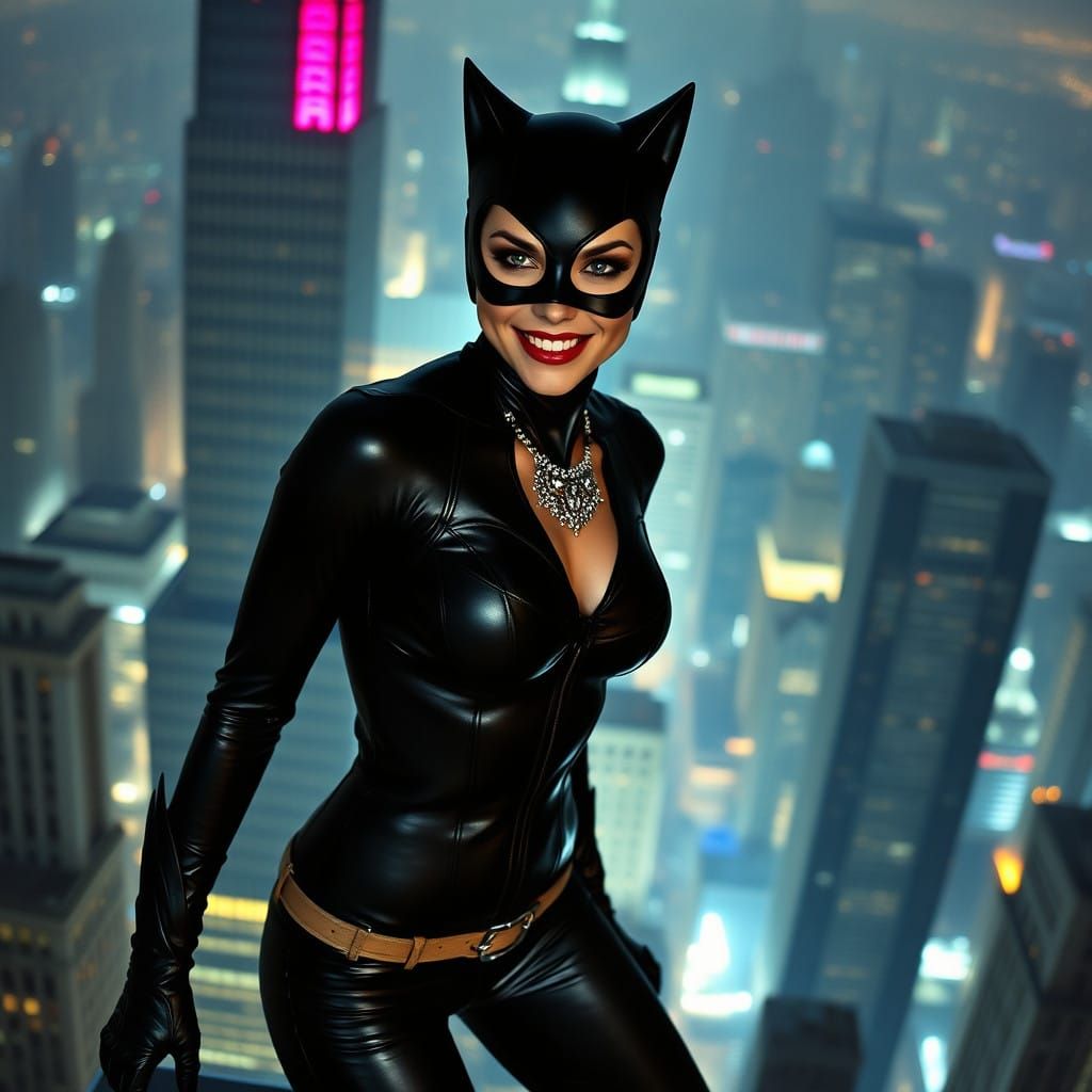 Cyberpunk Action Heroine Catwoman in Sleek Black Leather Cat...