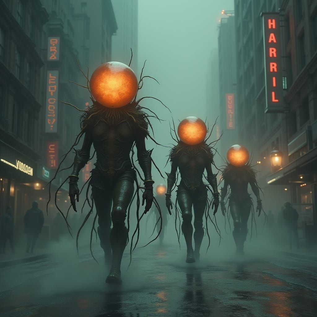 Surreal Biomechanical Figures in Foggy Cityscape