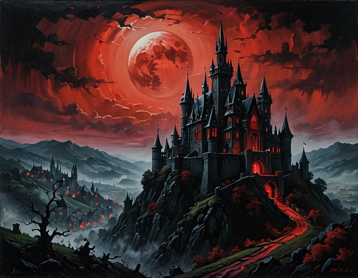 Gothic Castle Under Blood Moon as Oil Painting