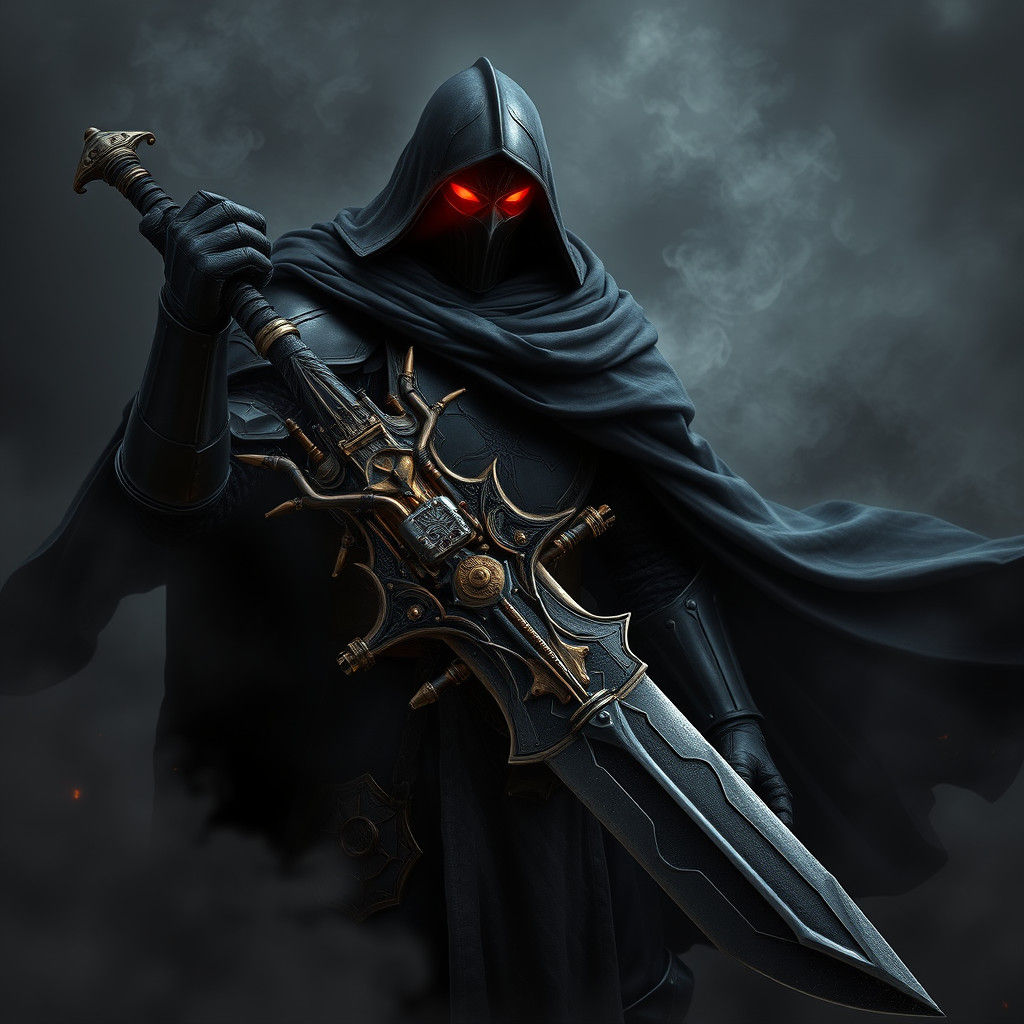 Steampunk Knight in Black Armor with Glowing Eyes