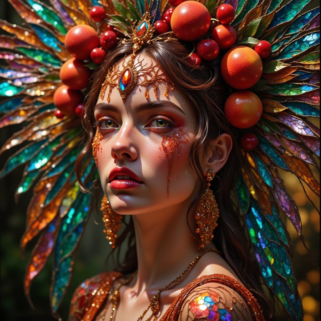 Youthful Goddess Amidst Radiant Fruits