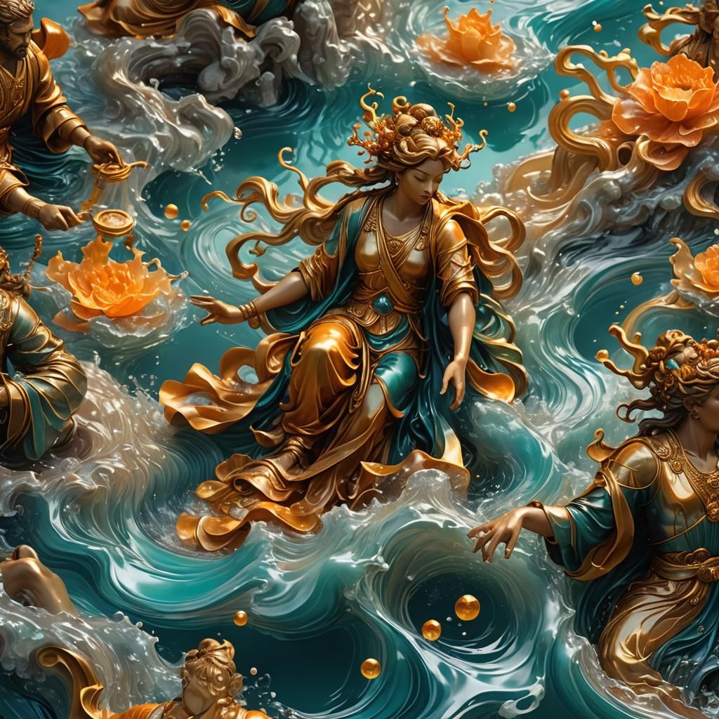 Wax Immortals Floating: Hyperrealistic Digital Art