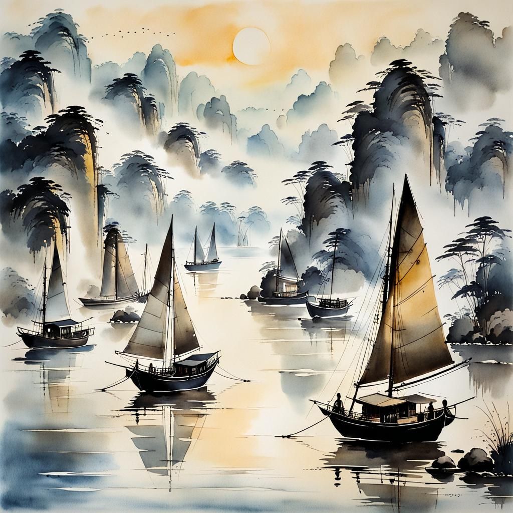 Chinese Junk Sailboats in Ink Painting Style