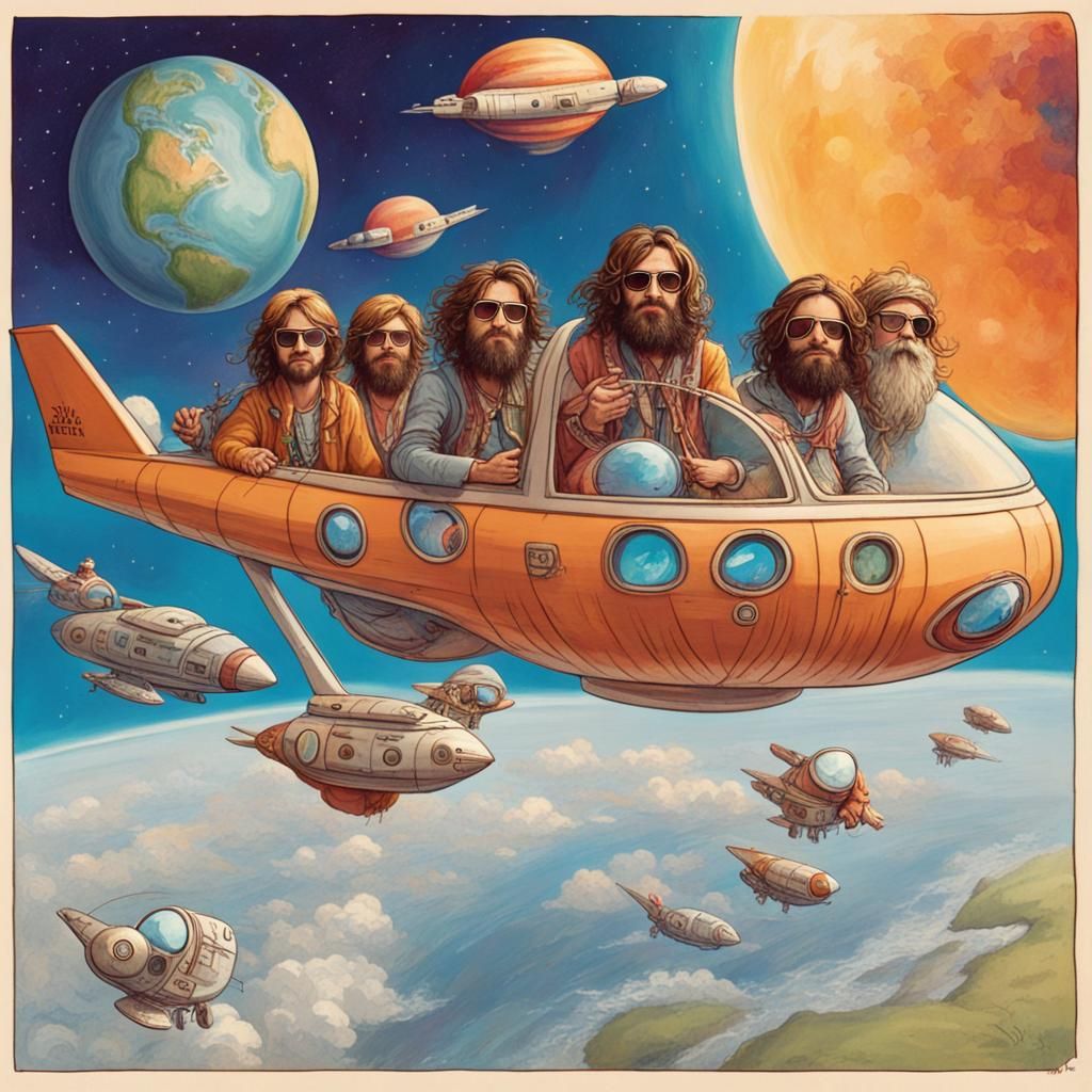Hippies in Spaceship Flying Above Earth