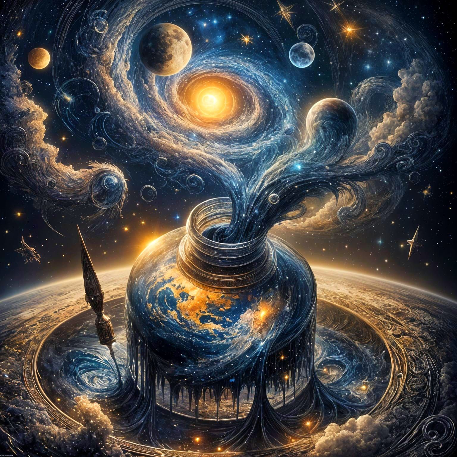 Celestial Ink Pouring into Earth: A Digital Fantasy