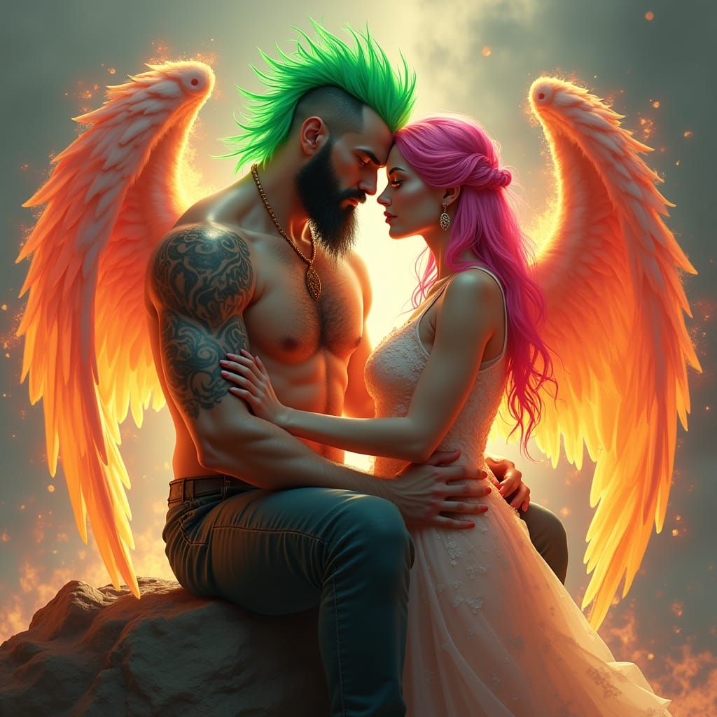 Hyperrealistic Angel Couple Embracing Amidst Vibrant Flames