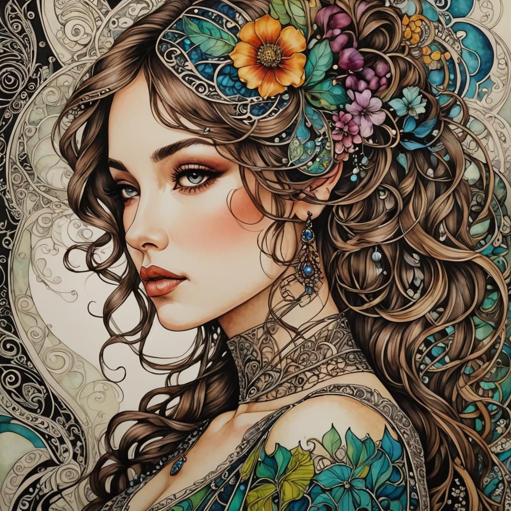 Art Nouveau Woman Portrait with Zentangle Patterns