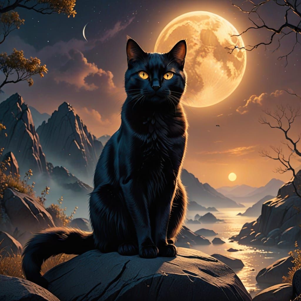 Black Cat in Mystical Landscape: Digital Art