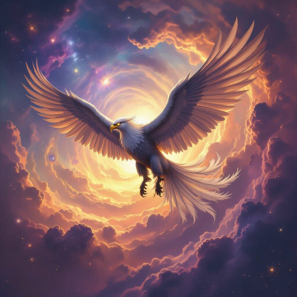 Griffin Soaring Through Nebula in Epic Fantasy Style