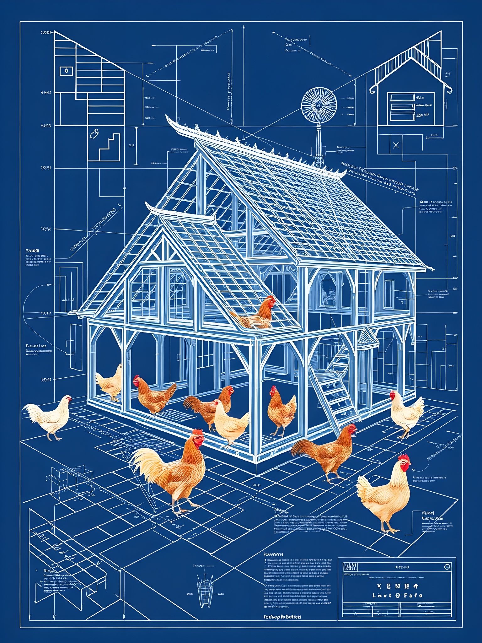 Surreal Blueprint for an Elaborate Chicken Coop in Hyperdeta...
