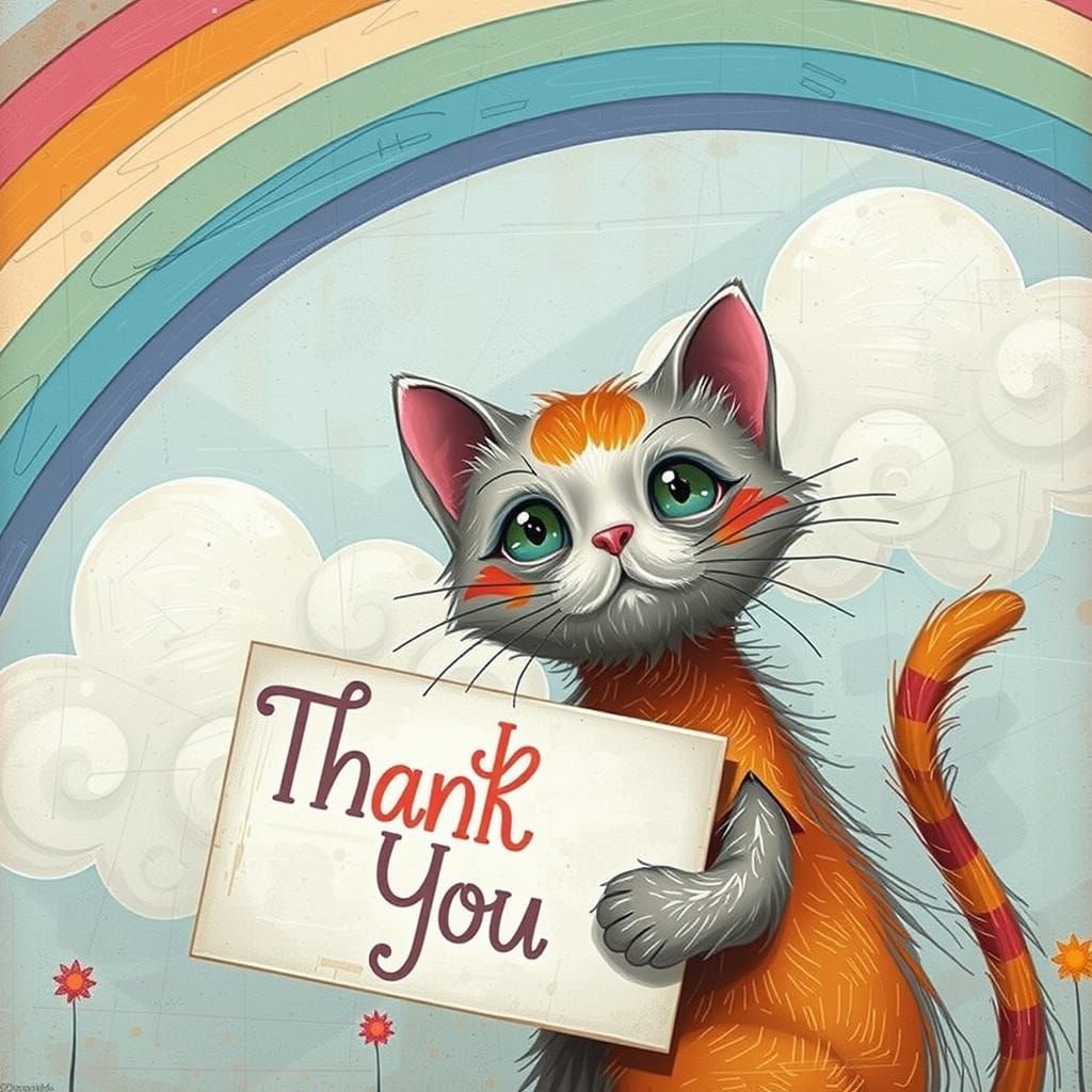 Cute cat holding a sign that says THANK YOU with a rainbow i...