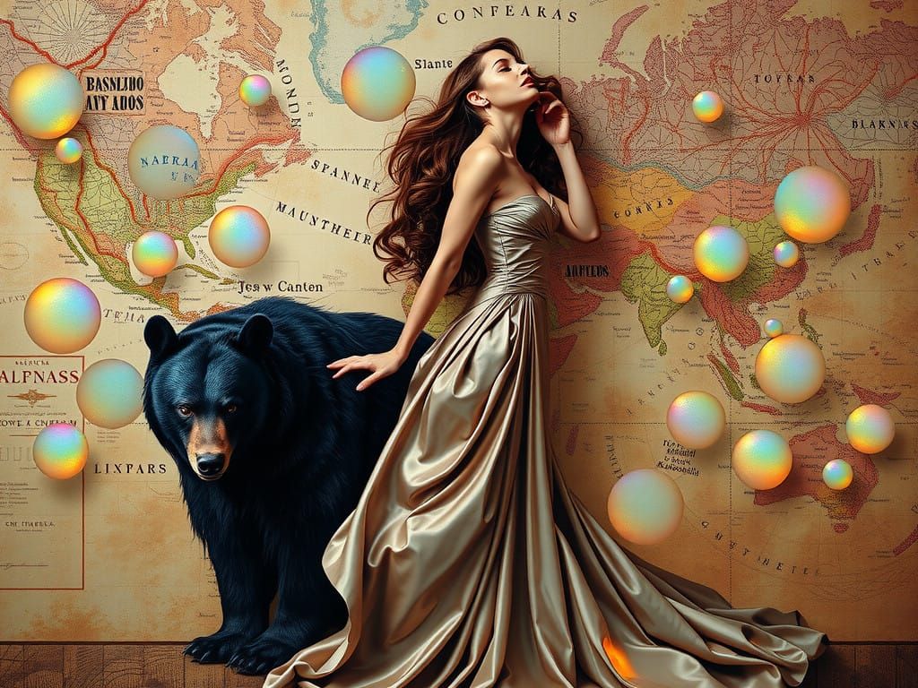 Elegant Woman and Majestic Black Bear in Decoupage Wonderlan...