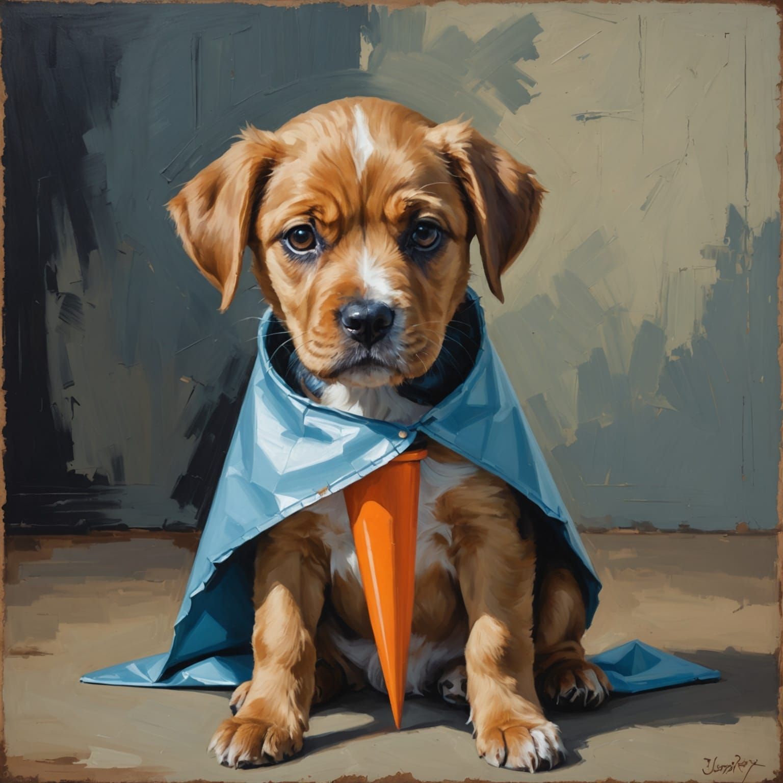 Sad Puppy in Cone, Oil Painting Style