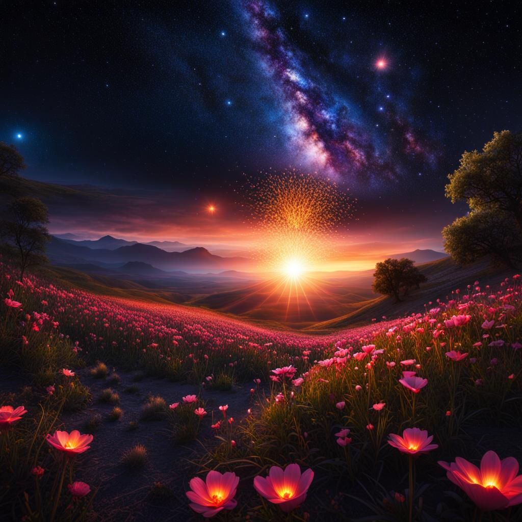Hyperrealistic Flowery Landscape with Galactic Sparkles