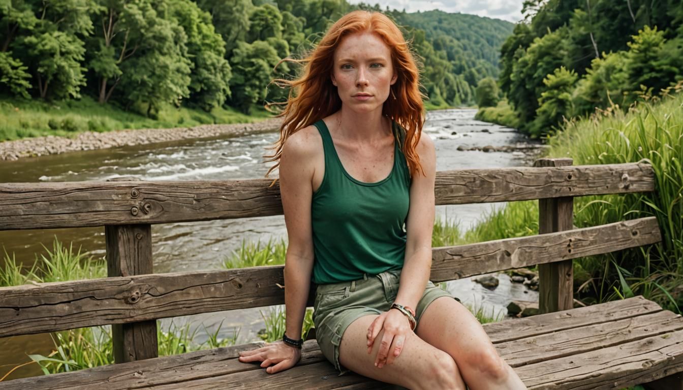 Redhead on Riverbank in Digital Painting Style