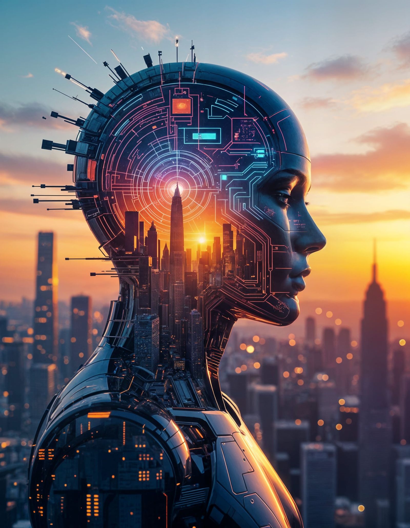 Futuristic City Within AI Head Double Exposure Art