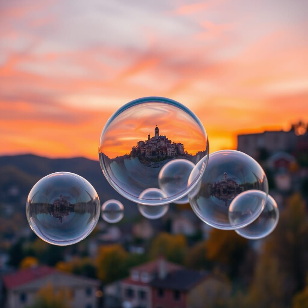 Photorealistic Bubbles Reflect Italian Town at Sunset