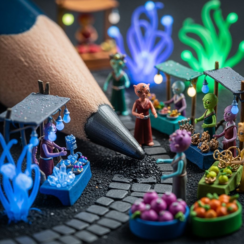 Pencil Tip Transforms into Alien Marketplace Diorama