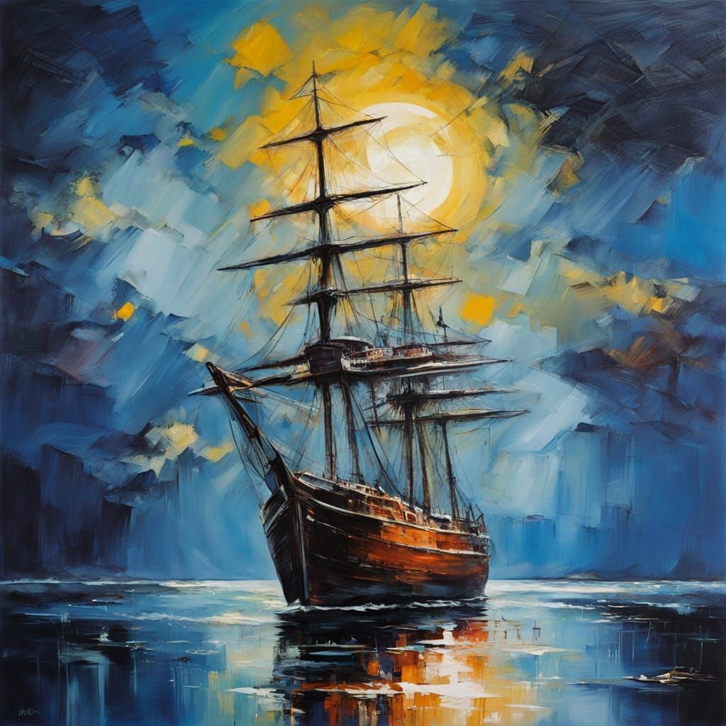 Serene Nighttime Scene with Weathered Ship under Luminous Mo...